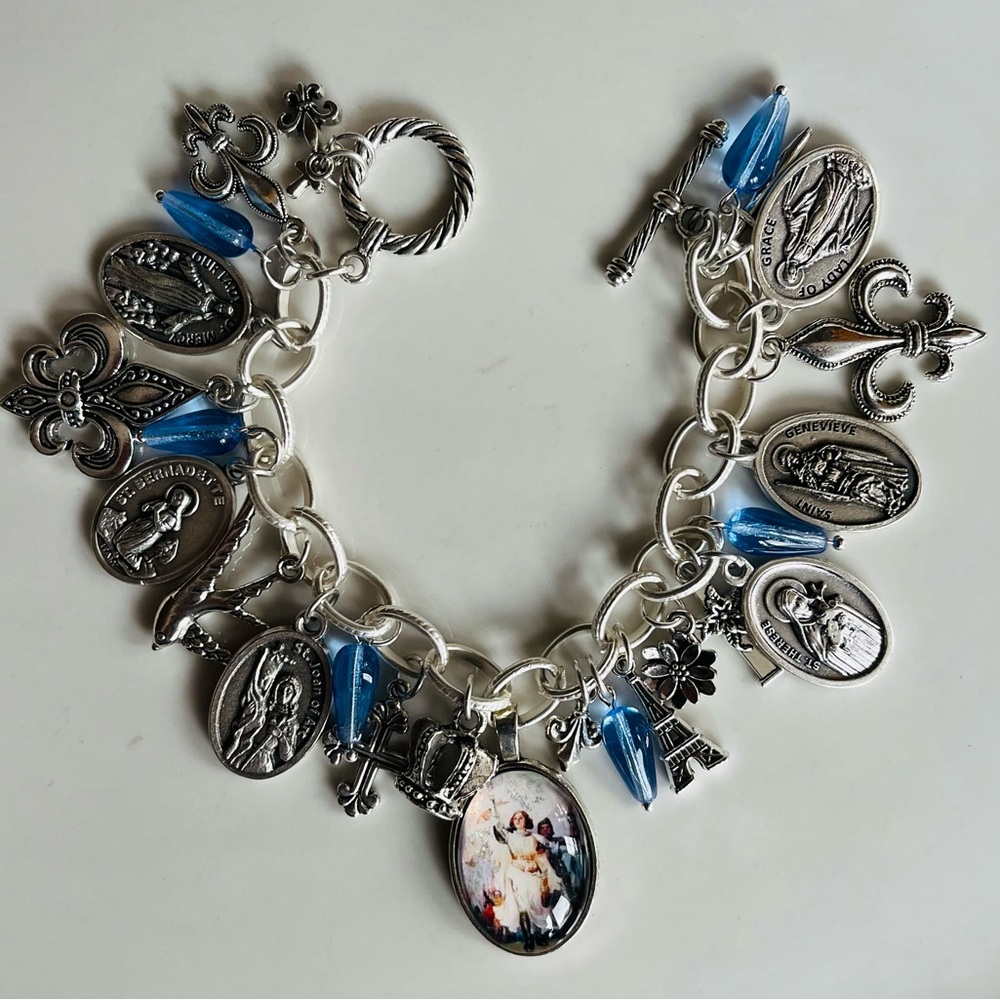 Charm Bracelet Joan of Arc, French Saints, Vintage Czech Glass